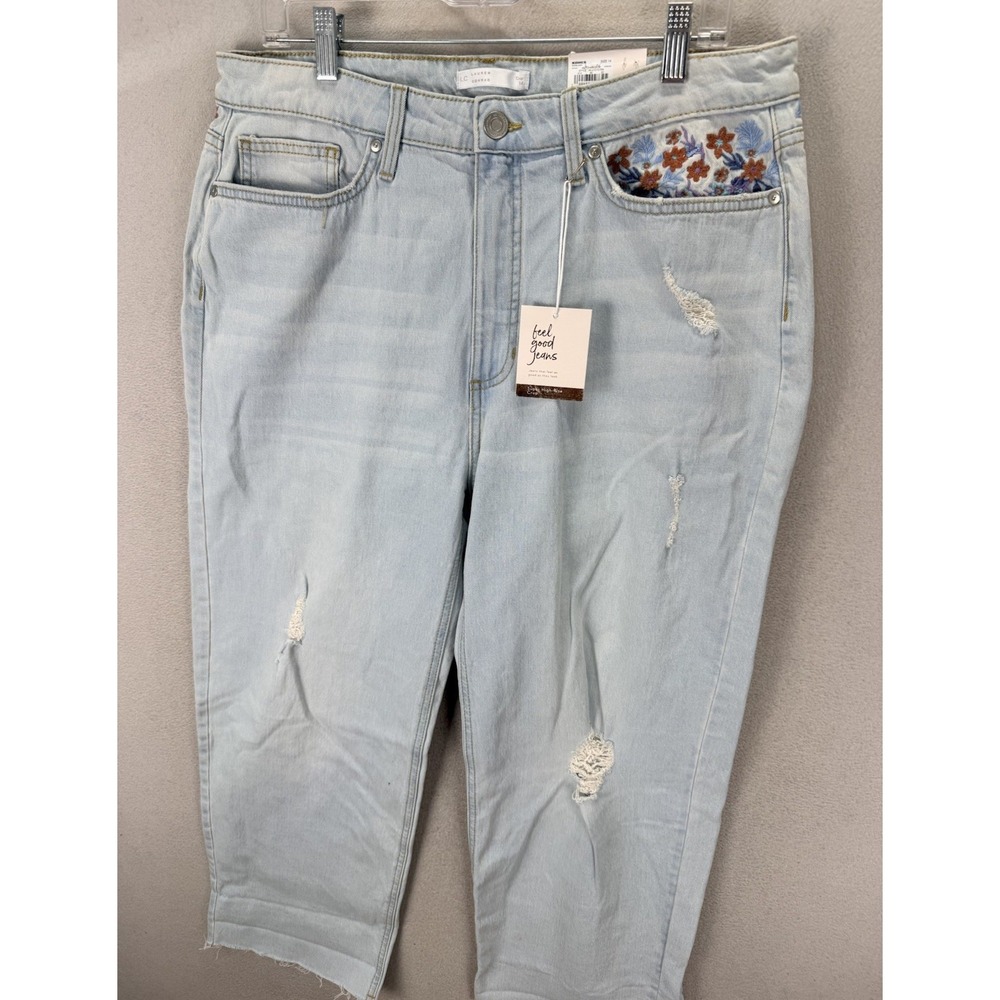 LC Lauren Conrad Women's 14 Super HighRise Crop Distressed Embroidered Denim NWT - Picture 5 of 11